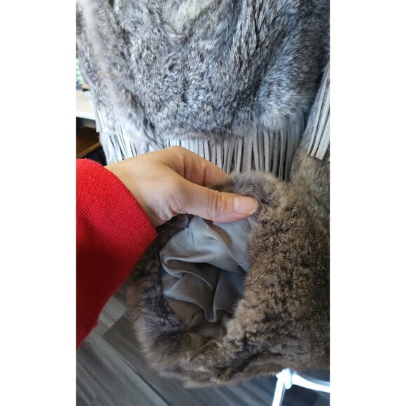 Vtg Rabbit Fur w/leather Fringe gray bomber jacket Western Chic 80s size small - Picture 8 of 11